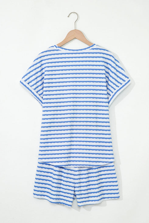 Stripe Textured Knit Short Sleeve Drawstring Short Set