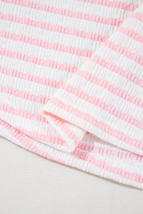 Stripe Textured Knit Short Sleeve Drawstring Short Set