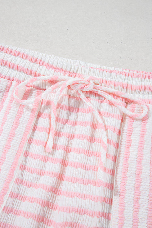 Stripe Textured Knit Short Sleeve Drawstring Short Set