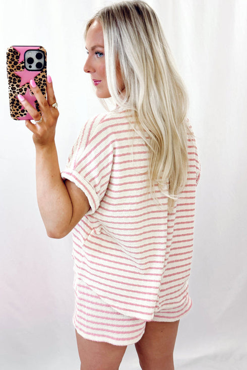 Stripe Textured Knit Short Sleeve Drawstring Short Set