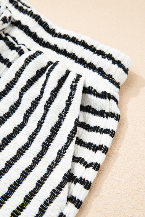 Stripe Textured Knit Short Sleeve Drawstring Short Set