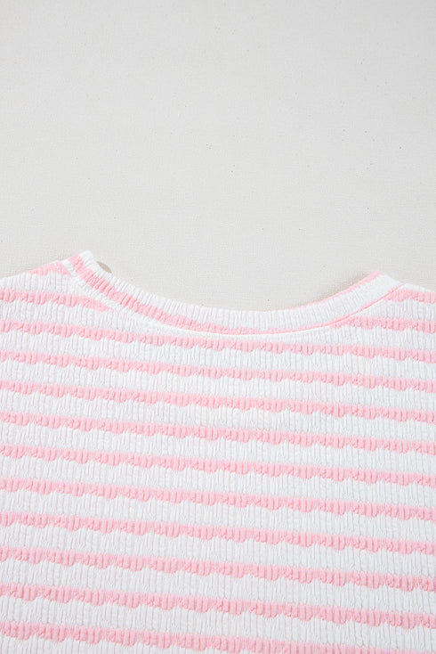 Stripe Textured Knit Short Sleeve Drawstring Short Set