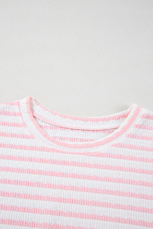 Stripe Textured Knit Short Sleeve Drawstring Short Set