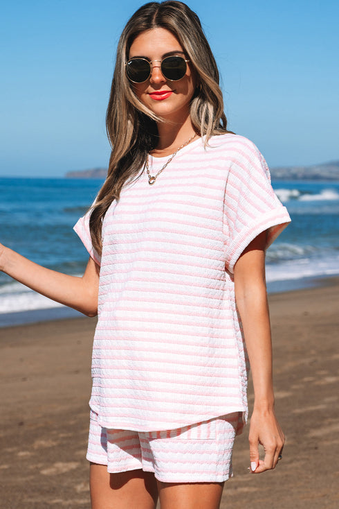 Stripe Textured Knit Short Sleeve Drawstring Short Set