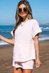 Stripe Textured Knit Short Sleeve Drawstring Short Set