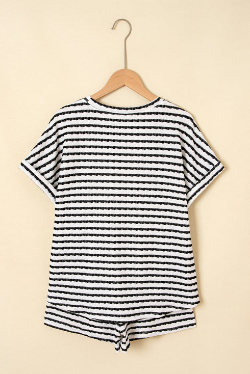 Stripe Textured Knit Short Sleeve Drawstring Short Set