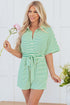 Stripe Textured Short Sleeve Collared Button Down Waist Tie Romper