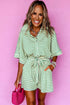 Stripe Textured Short Sleeve Collared Button Down Waist Tie Romper