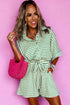 Stripe Textured Short Sleeve Collared Button Down Waist Tie Romper