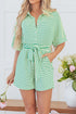 Stripe Textured Short Sleeve Collared Button Down Waist Tie Romper
