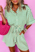 Stripe Textured Short Sleeve Collared Button Down Waist Tie Romper