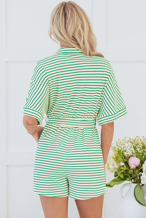 Stripe Textured Short Sleeve Collared Button Down Waist Tie Romper