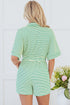 Stripe Textured Short Sleeve Collared Button Down Waist Tie Romper