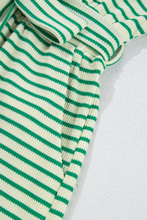 Stripe Textured Short Sleeve Collared Button Down Waist Tie Romper