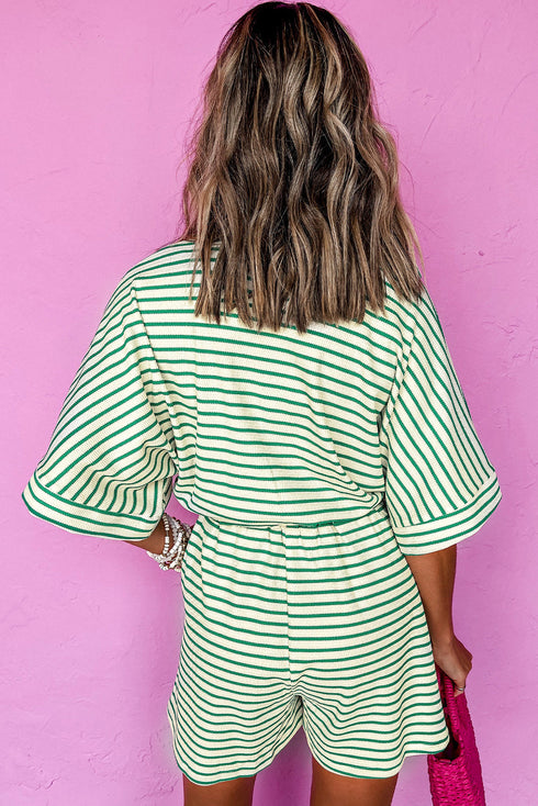 Stripe Textured Short Sleeve Collared Button Down Waist Tie Romper