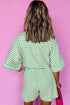 Stripe Textured Short Sleeve Collared Button Down Waist Tie Romper