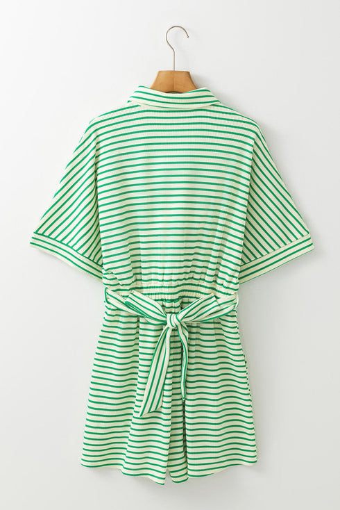 Stripe Textured Short Sleeve Collared Button Down Waist Tie Romper