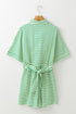 Stripe Textured Short Sleeve Collared Button Down Waist Tie Romper