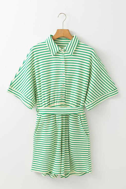 Stripe Textured Short Sleeve Collared Button Down Waist Tie Romper