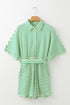Stripe Textured Short Sleeve Collared Button Down Waist Tie Romper