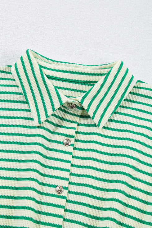 Stripe Textured Short Sleeve Collared Button Down Waist Tie Romper