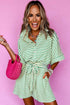 Stripe Textured Short Sleeve Collared Button Down Waist Tie Romper