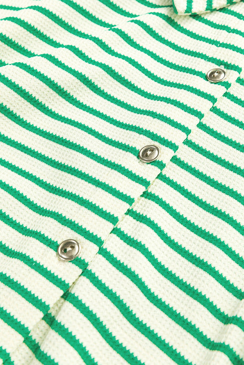 Stripe Textured Short Sleeve Collared Button Down Waist Tie Romper