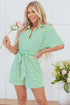 Stripe Textured Short Sleeve Collared Button Down Waist Tie Romper