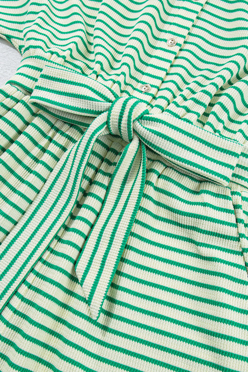 Stripe Textured Short Sleeve Collared Button Down Waist Tie Romper