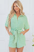Stripe Textured Short Sleeve Collared Button Down Waist Tie Romper