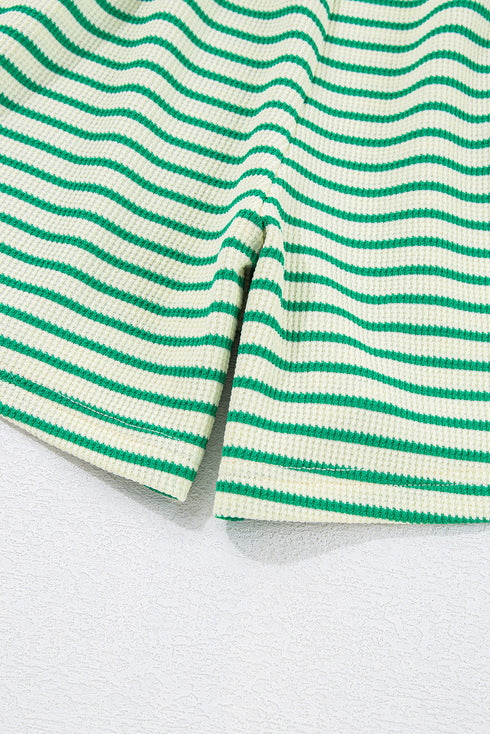 Stripe Textured Short Sleeve Collared Button Down Waist Tie Romper