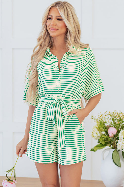 Stripe Textured Short Sleeve Collared Button Down Waist Tie Romper