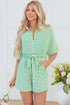 Stripe Textured Short Sleeve Collared Button Down Waist Tie Romper