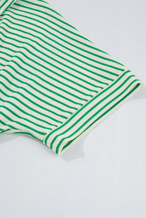 Stripe Textured Short Sleeve Collared Button Down Waist Tie Romper