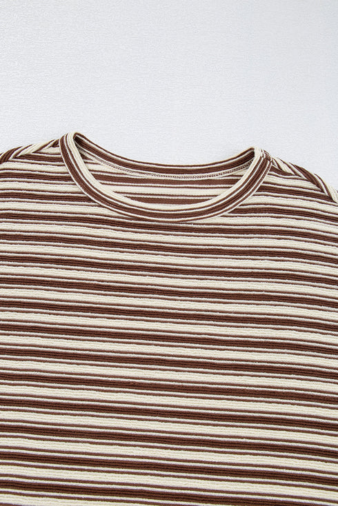 Stripe Textured Side Slits Crew Neck T Shirt