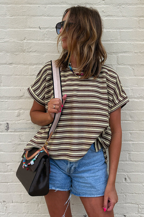 Stripe Textured Side Slits Crew Neck T Shirt