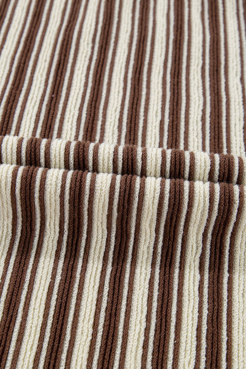 Stripe Textured Side Slits Crew Neck T Shirt