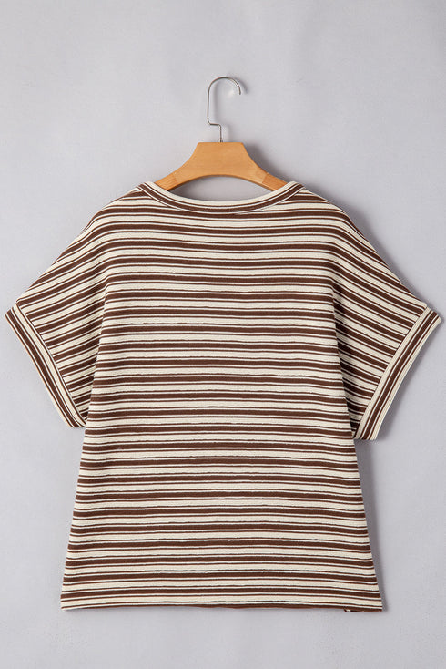 Stripe Textured Side Slits Crew Neck T Shirt
