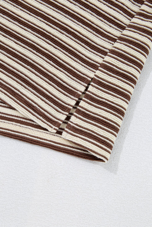 Stripe Textured Side Slits Crew Neck T Shirt