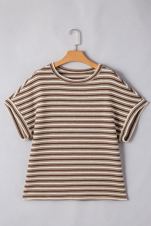 Stripe Textured Side Slits Crew Neck T Shirt