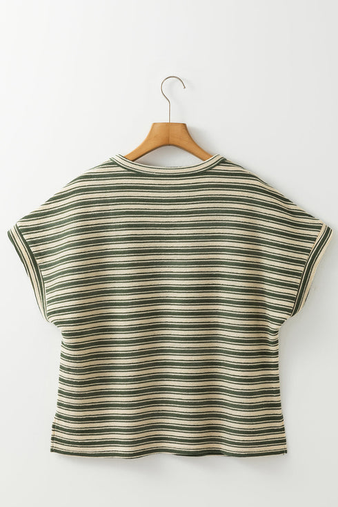 Stripe Textured Side Slits Crew Neck T Shirt