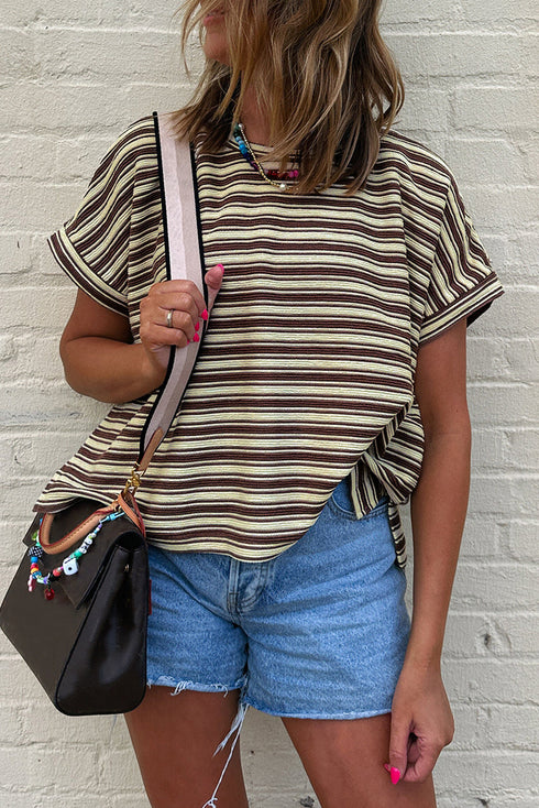 Stripe Textured Side Slits Crew Neck T Shirt