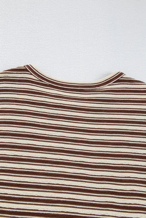 Stripe Textured Side Slits Crew Neck T Shirt