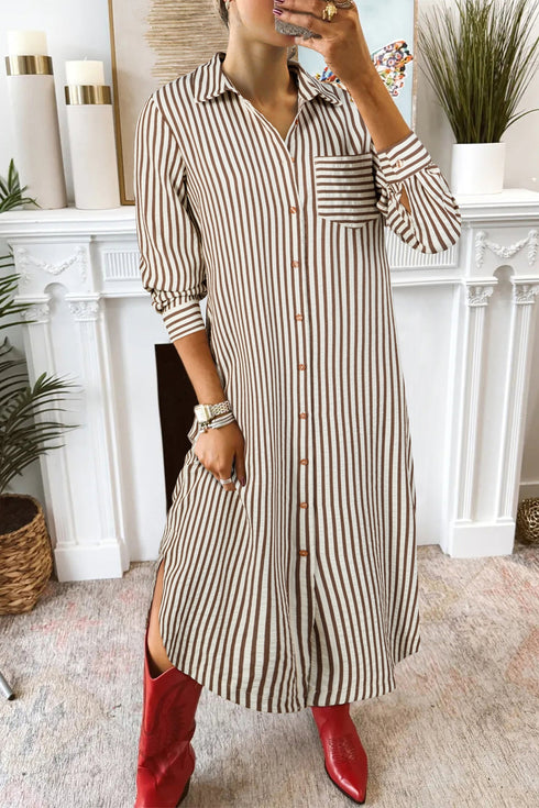 Stripe Textured Three Quarter Sleeve Round Hem Midi Dress