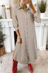 Stripe Textured Three Quarter Sleeve Round Hem Midi Dress