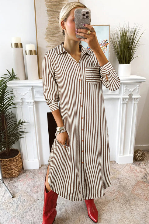 Stripe Textured Three Quarter Sleeve Round Hem Midi Dress