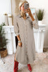 Stripe Textured Three Quarter Sleeve Round Hem Midi Dress