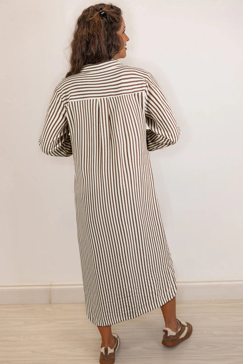 Stripe Textured Three Quarter Sleeve Round Hem Midi Dress
