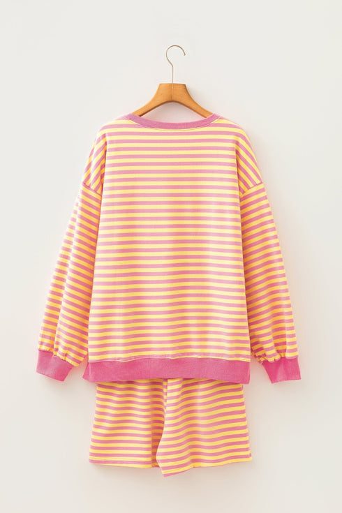 Stripe Trim Round Neck Long Sleeve Top Casual Shorts 2Pcs Short Set