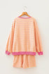 Stripe Trim Round Neck Long Sleeve Top Casual Shorts 2Pcs Short Set